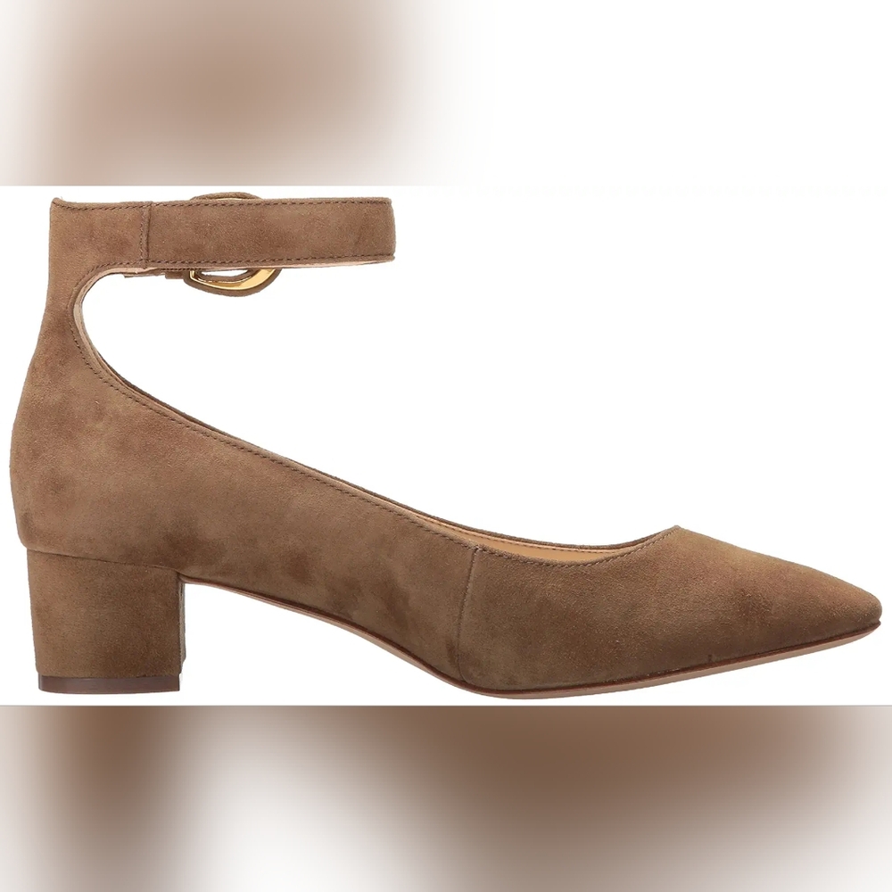 Nine West Brianyah Buckle Block-Heel Pointed Suede Pumps. Size 10. Tan